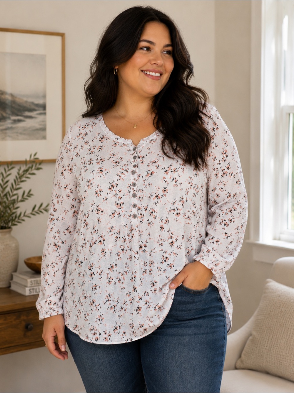 Denver Hayes Cream Long-Sleeve Tunic with Red Floral Print